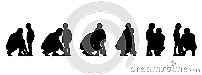 Vector concept conceptual black silhouette of a father helping his son tie his shoe laces from different perspectives Vector Illustration