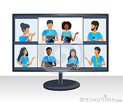 Vector concept of group corporate video conference. Multi ethnic business team working at online meeting by video call. Vector Illustration