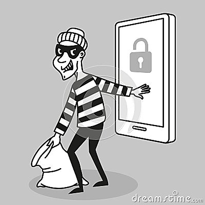 Vector concept. Hacker steals personal data and funds from a mobile phone. Character in cartoon style Vector Illustration