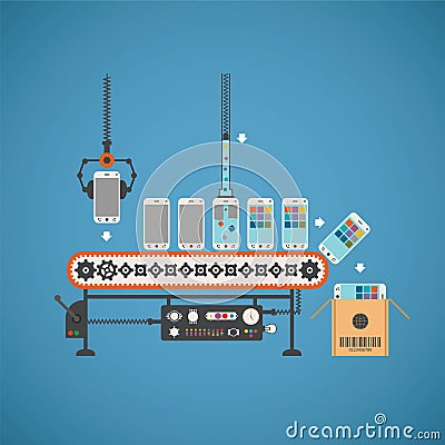 Vector concept of hardware and software production with smartphones on conveyor line Vector Illustration