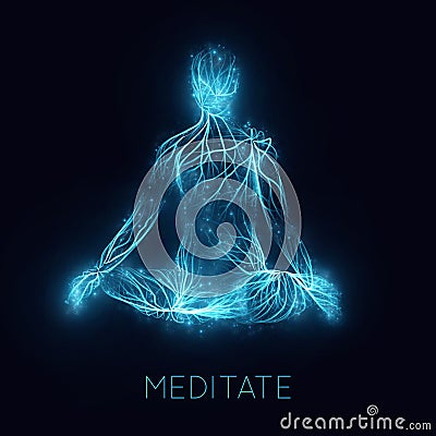 Vector concept of human meditaion. Sacral energy flows through prayer body on his way to enlightment. Yoga pose of Vector Illustration