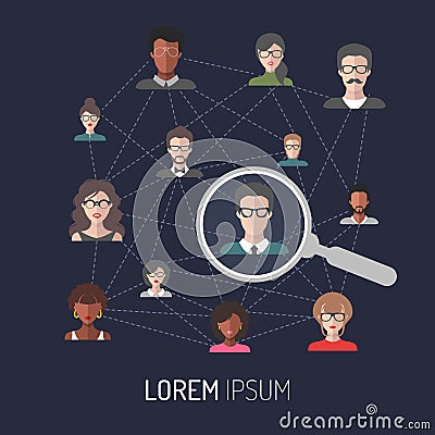 Vector concept of human resources management, professional staff research, head hunter job with magnifying glass. Vector Illustration