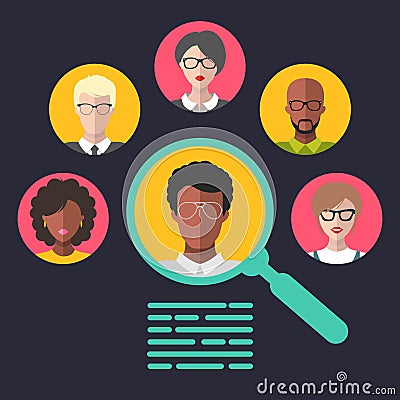 Vector concept of human resources management, professional staff research, head hunter job with magnifying glass. Vector Illustration