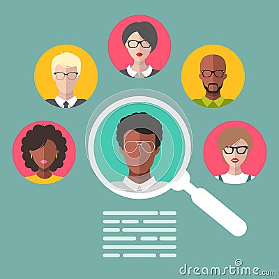 Vector concept of human resources management, professional staff research, head hunter job with magnifying glass. Vector Illustration