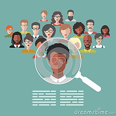 Vector concept of human resources management, professional staff research, head hunter job with magnifying glass. Vector Illustration