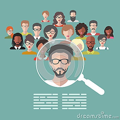 Vector concept of human resources management, professional staff research, head hunter job with magnifying glass. Vector Illustration