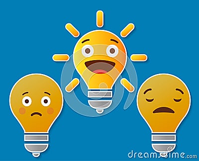 Vector concept of idea, brainstorm and teamwork. Light bulbs with character faces. Cute design element. Simple illustration for pr Cartoon Illustration