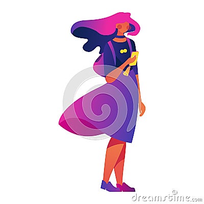 Vector concept illustration with lovely young woman character drawn in vivid bright gradients with a smartphone in hands Cartoon Illustration