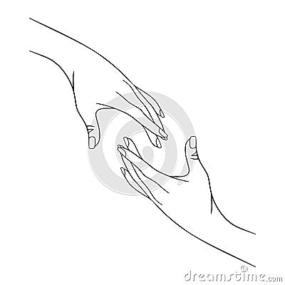 Vector concept illustration. Trust, help, care sign. Two hands reach out to each other. Vector Illustration