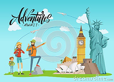 Vector concept illustration with world sights and happy family painting on them with lettering and clouds Vector Illustration