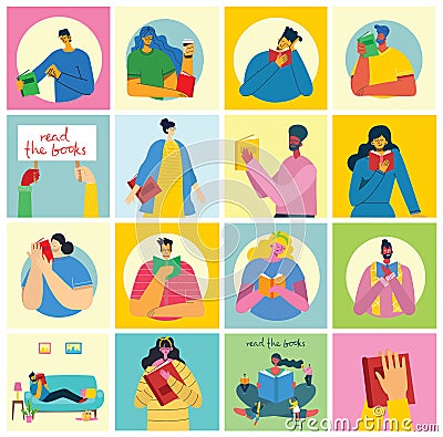 Vector concept illustrations of World Book Day, Reading the books and Book festival in the flat style. People sit, stand and walk Cartoon Illustration