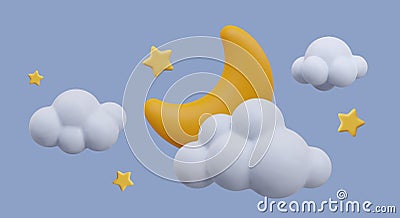 Vector concept of moonlit night on colored background. Yellow 3D crescent moon, stars, clouds Vector Illustration