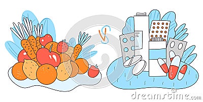 Vector concept of natural vital elements from healthy food - vegetables and fruits versus chemical medical drugs, pills Vector Illustration