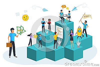 Vector concept of new startup business strategy, career, communication, teamwork. Project task management, planning. Team at work Vector Illustration