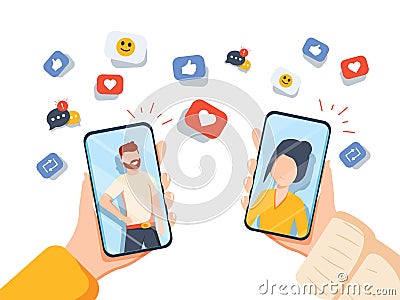 Vector concept on online dating application in flat design. Male and female hands holding mobile phones Stock Photo