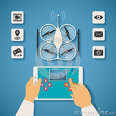 Vector concept of quadcopter air drone control on tablet pc Vector Illustration