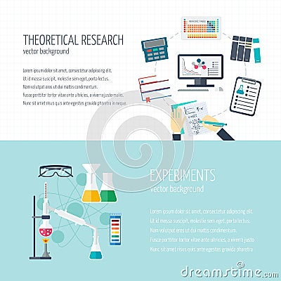 Vector concept of research and the chemical industry. Horizontal banners of theoretical research and experiments. Icons in the fla Cartoon Illustration