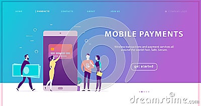 Vector concept for safe mobile payments service, site landing page design. Vector Illustration