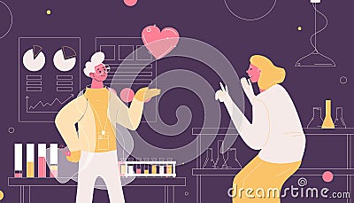 Vector concept scene with woman happy and surprised with heart or like made by smm master. Lab with test tubes and diagrams. Cartoon Illustration