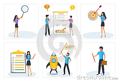 Vector concept of startup new business project. Goal Achievements. Organizing tasks. Time management. HR manager searching Vector Illustration