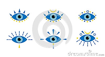 Vector conceptual blue evil eye symbols, talismans, amulets icons set, Vector Illustration