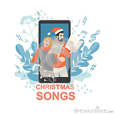 Vector conceptual illustration with people singing Christmas songs on the background of a huge smartphone Vector Illustration