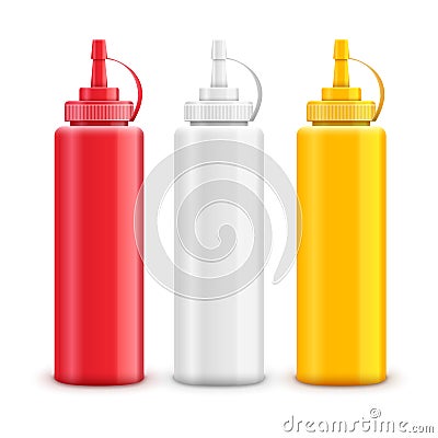 Vector condiment ketchup mayonnaise mustard. Food taste ingredient. Bottle or container red, white and yellow Vector Illustration