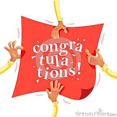 Vector congratulation card with human hands holding greeting banner Vector Illustration