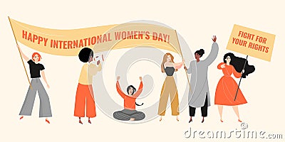 Vector congratulatory banner for International Women`s Day with cute young women holding a poster and banner Vector Illustration