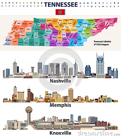 Vector congressional districts map and major cities abstract skylines of Tennessee state Vector Illustration