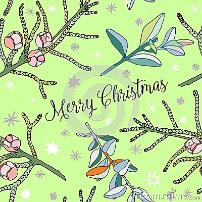 Vector conifer twigs, christmas decorative seamless patterns, green nature background Stock Photo