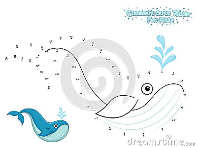 Vector Connect The Dots and Draw Cute Cartoon Whale. Educational Game for Kids. Vector Illustration With Cartoon Style Funny Sea Vector Illustration