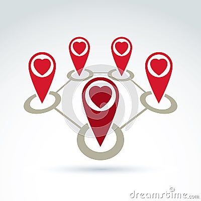 Vector connected map pointers with loving heart icon. Vector Illustration