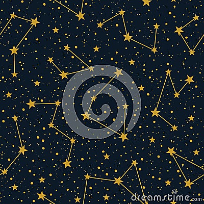 Vector constellations on dark starry sky vector seamless pattern. Winter Christmas holiday background. Stars Vector Illustration