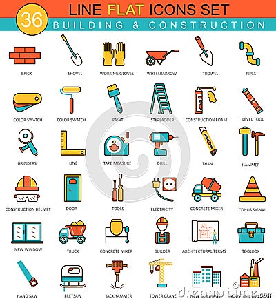 Vector Construction and building tools flat line icon set. Modern elegant style design for web. Vector Illustration