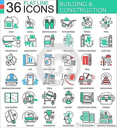 Vector Construction and building tools modern color flat line outline icons for apps and web design. Vector Illustration