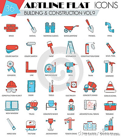 Vector Construction and building tools ultra modern outline artline flat line icons for web and apps. Vector Illustration