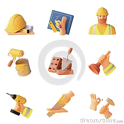 Vector construction, repair and home renovation icons set in 3d style Vector Illustration