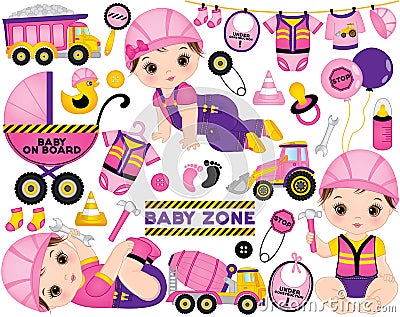 Vector Set with Cute Little Baby Girls Dressed as Little Builders and Construction Transport Vector Illustration