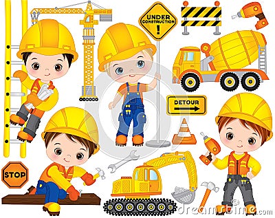 Vector Construction Set with Cute Little Builders, Transport and Tools. Vector Little Boys Vector Illustration