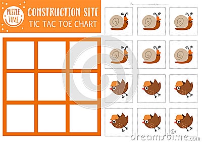 Vector construction site tic tac toe chart with snail and bird workers in hard hats. Building works board game playing field with Vector Illustration
