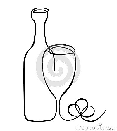 Vector continuous line illustration with wine bottle, wineglass and grapes Vector Illustration