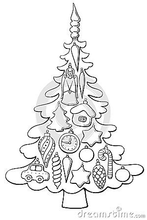 Vector contour Christmas tree decorated with xmas balls, glass toys, decorations. New year, Xmas illustration Vector Illustration