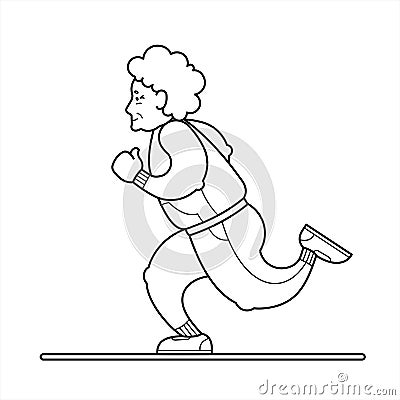 Vector contour Image Of A Running Old Woman. The Old Woman In A Tracksuit, Sneakers. Elderly Woman, Senile People Concept, Logo. Stock Photo