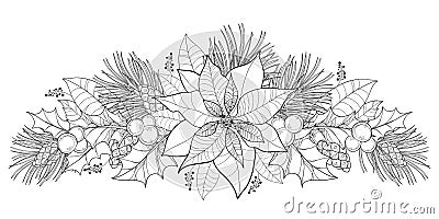 Vector contour Poinsettia flower or Christmas Star in black isolated on white. Horizontal border with outline poinsettia. Vector Illustration
