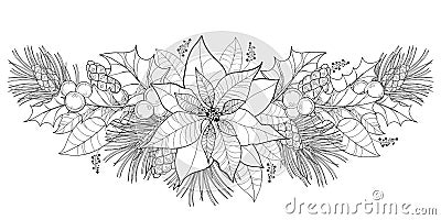 Vector contour Poinsettia garland or Christmas Star in black isolated on white. Horizontal border of outline poinsettia. Vector Illustration