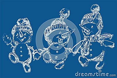 Vector contour watercolor brush drawing of three cheerful walking snowmen Vector Illustration