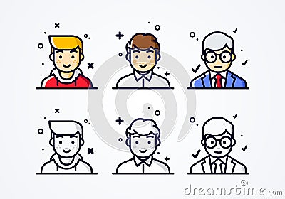 Vector linear flat people faces icon set. Social media avatar, user pic and profil. user experience concept different male smiley Vector Illustration