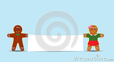 Vector Cookie Man and Girl or Gingerbread men holding Blank Banner Vector Illustration