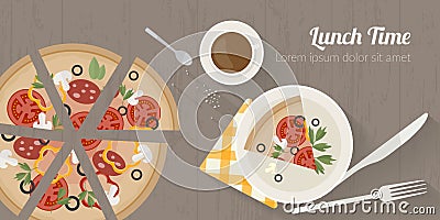 Vector cooking time illustration with flat icons. Fresh food and materials on kitchen table in flat style. Vector Illustration